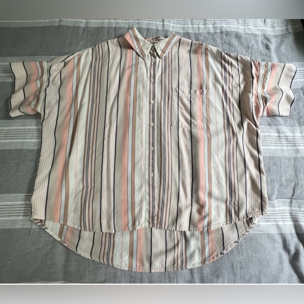Madewell Blouse Top Button Large beige brown stripe collared dolman short sleeve